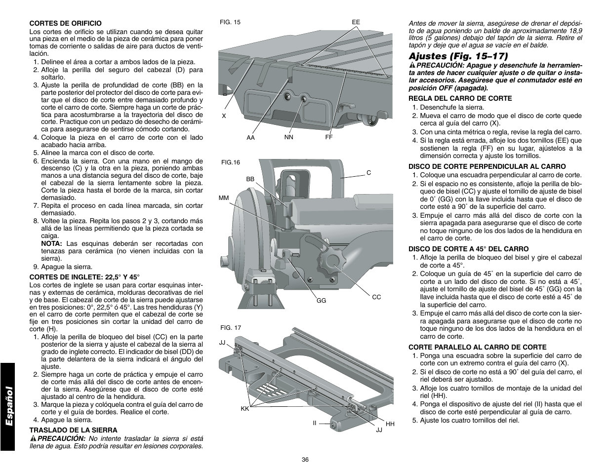 Español, Ajustes (fig. 15–17) | DeWalt D24000 User Manual | Page 38 / 42