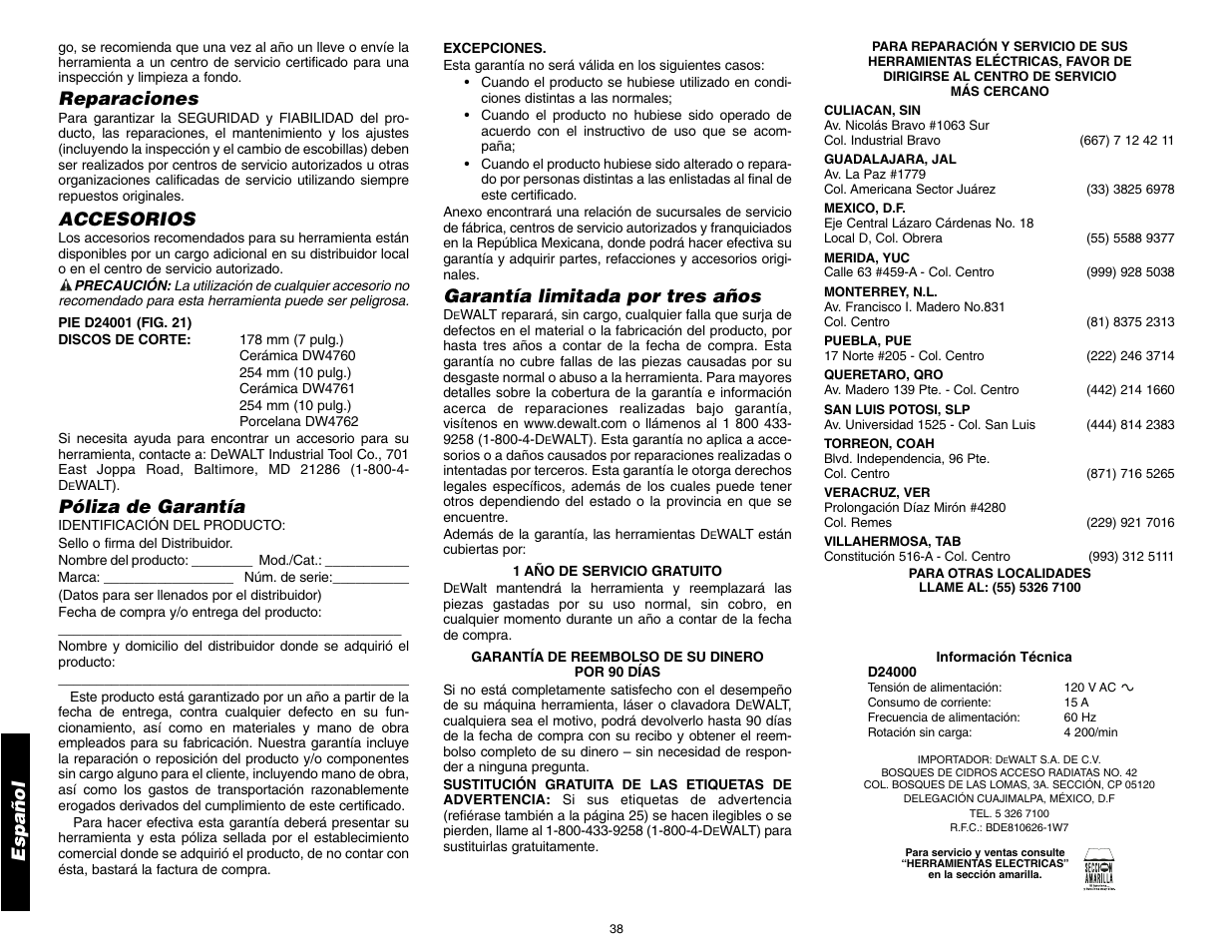 Español, Reparaciones, Accesorios | Póliza de garantía, Garantía limitada por tres años | DeWalt D24000 User Manual | Page 40 / 42