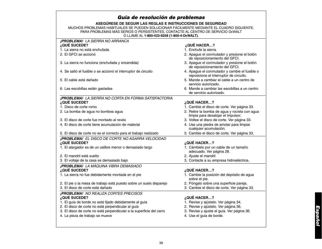Español guía de resolución de problemas | DeWalt D24000 User Manual | Page 41 / 42