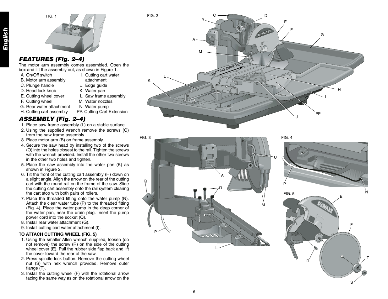 English, Features (fig. 2–4), Assembly (fig. 2–4) | DeWalt D24000 User Manual | Page 8 / 42