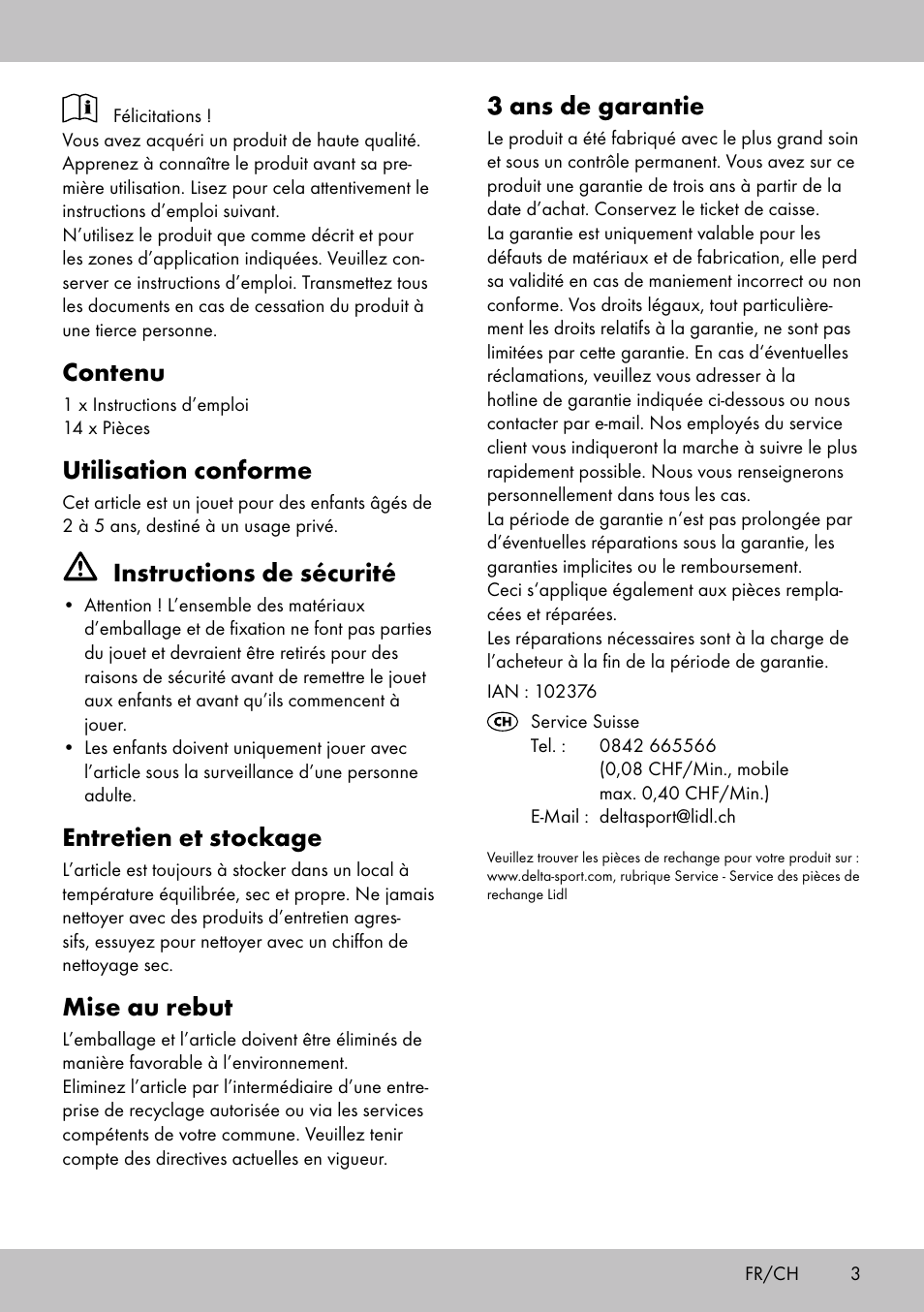 Contenu, Utilisation conforme, Instructions de sécurité | Entretien et stockage, Mise au rebut, 3 ans de garantie | Playtive WOODEN FOOD GAME BAKING User Manual | Page 3 / 8