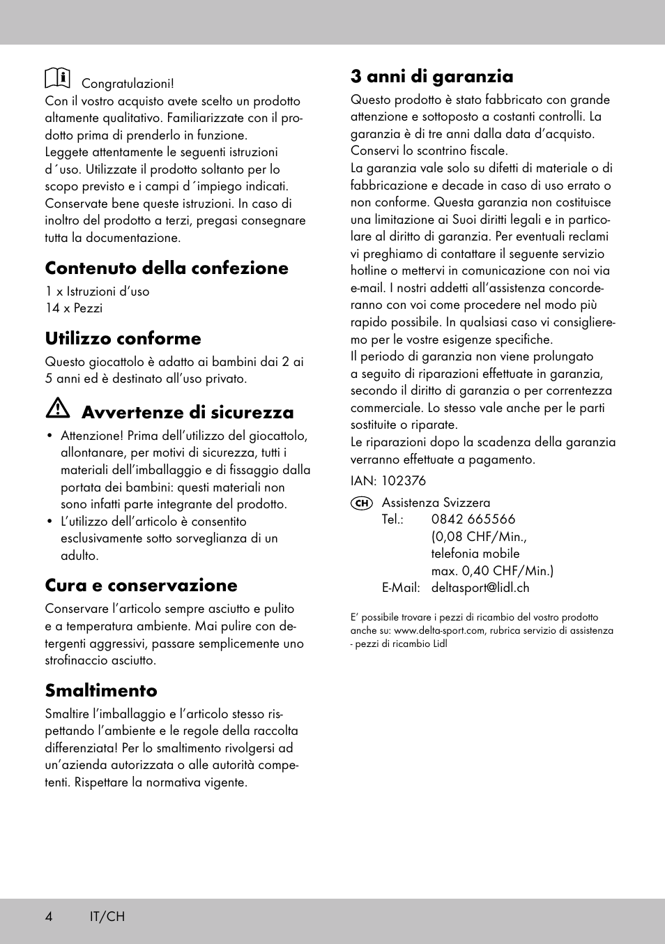 Contenuto della confezione, Utilizzo conforme, Avvertenze di sicurezza | Cura e conservazione, Smaltimento, 3 anni di garanzia | Playtive WOODEN FOOD GAME BAKING User Manual | Page 4 / 8