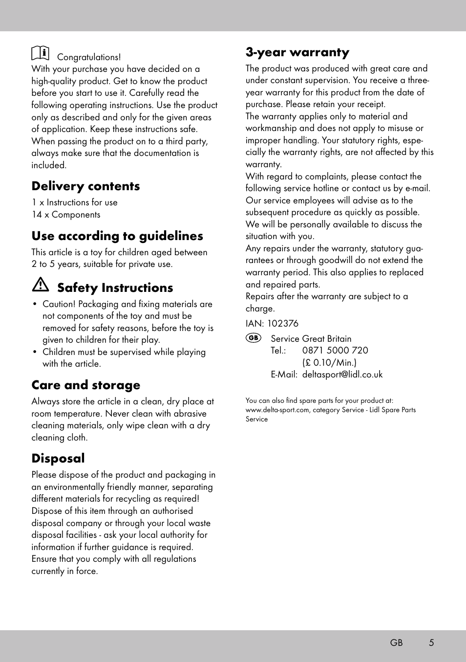 Delivery contents, Use according to guidelines, Safety instructions | Care and storage, Disposal, Year warranty | Playtive WOODEN FOOD GAME BAKING User Manual | Page 5 / 8