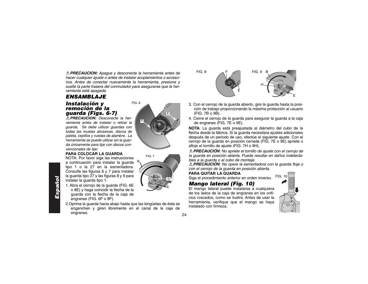 Español, Mango lateral (fig. 10) | DeWalt DW827 User Manual | Page 27 / 34