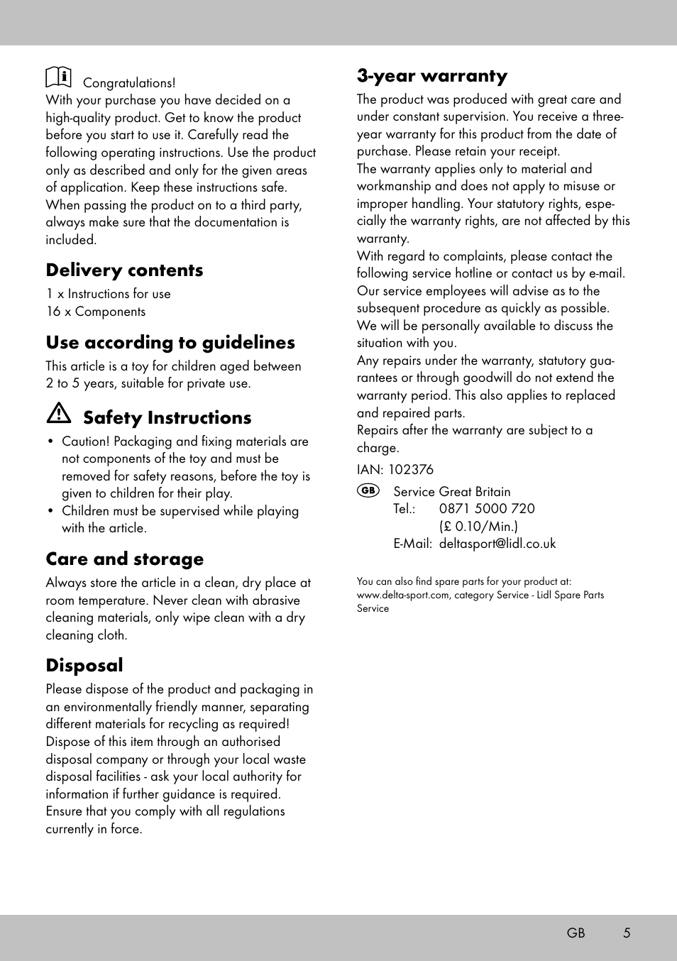 Delivery contents, Use according to guidelines, Safety instructions | Care and storage, Disposal, Year warranty | Playtive WOODEN CUTTING GAME MEAT AND FISH User Manual | Page 5 / 8