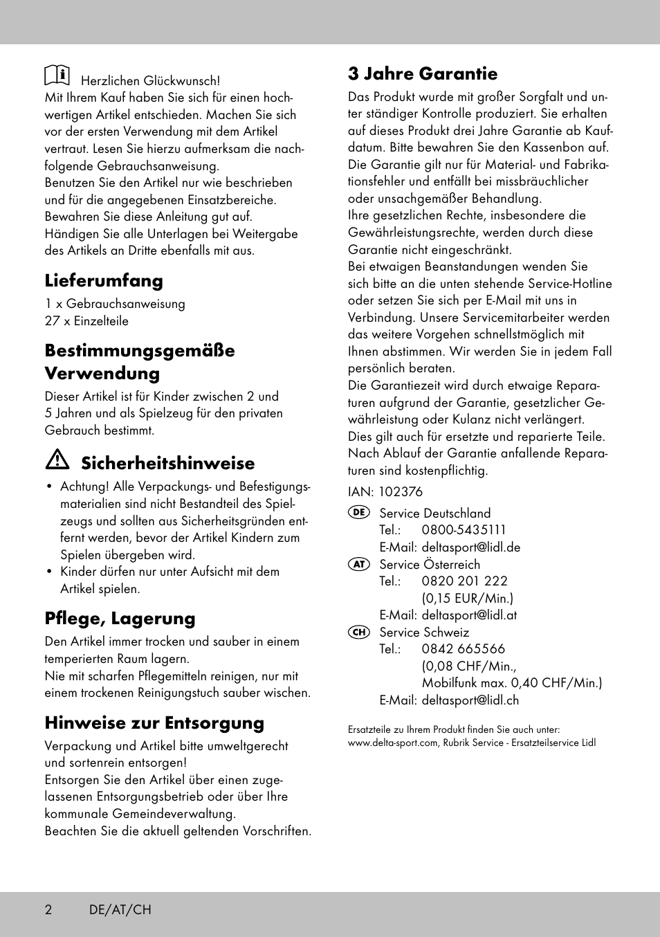 Lieferumfang, Bestimmungsgemäße verwendung, Sicherheitshinweise | Pflege, lagerung, Hinweise zur entsorgung, 3 jahre garantie | Playtive WOODEN FOOD GAME PIZZA User Manual | Page 2 / 8