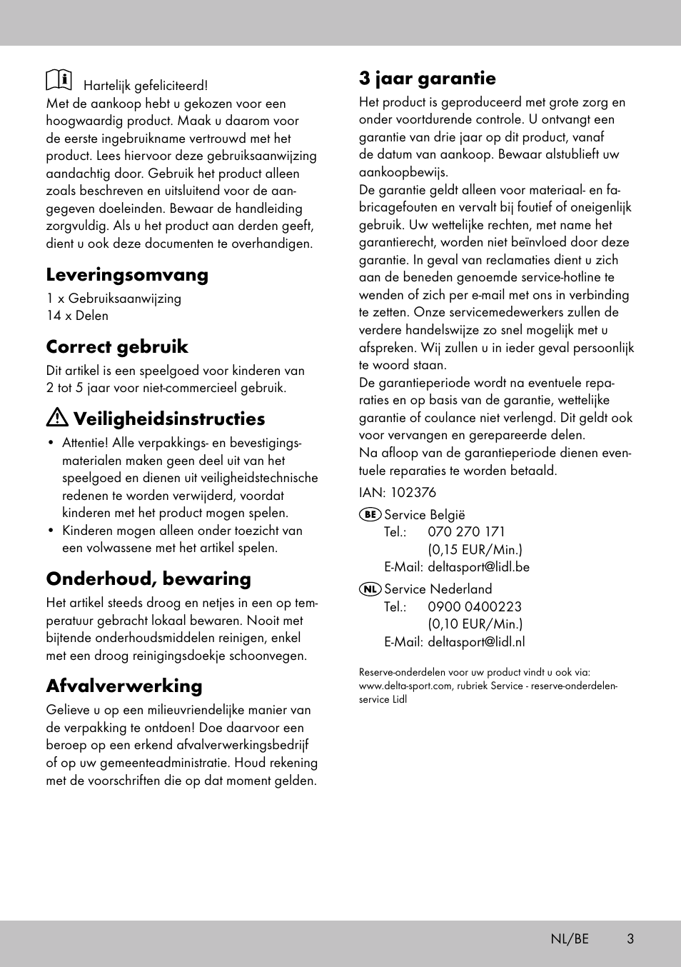 Leveringsomvang, Correct gebruik, Veiligheidsinstructies | Onderhoud, bewaring, Afvalverwerking, 3 jaar garantie | Playtive WOODEN FOOD GAME BAKING User Manual | Page 3 / 8