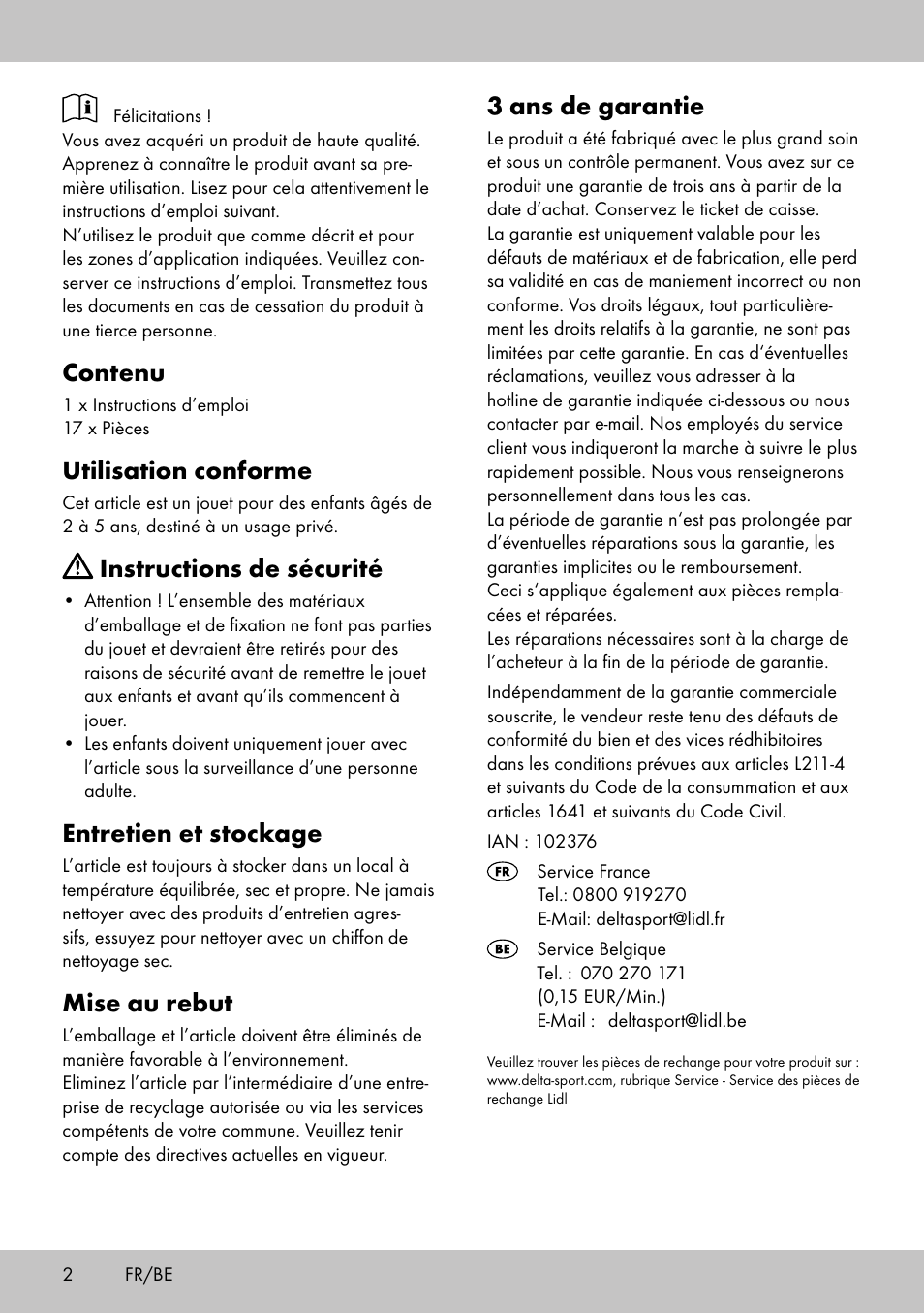 Contenu, Utilisation conforme, Instructions de sécurité | Entretien et stockage, Mise au rebut, 3 ans de garantie | Playtive WOODEN FOOD GAME BREAKFAST User Manual | Page 2 / 8