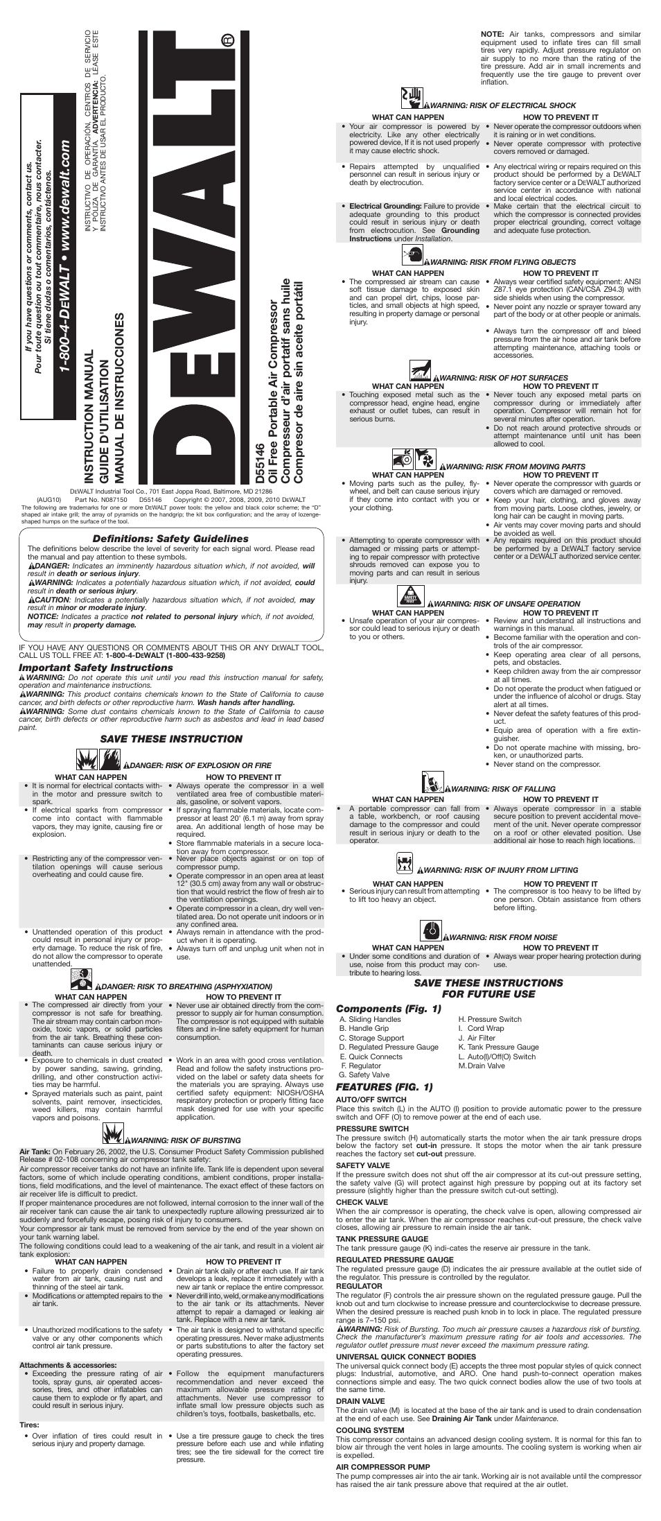 DeWalt OIL FREE PORTABLE AIR COMPRESSOR D55146 User Manual | 7 pages