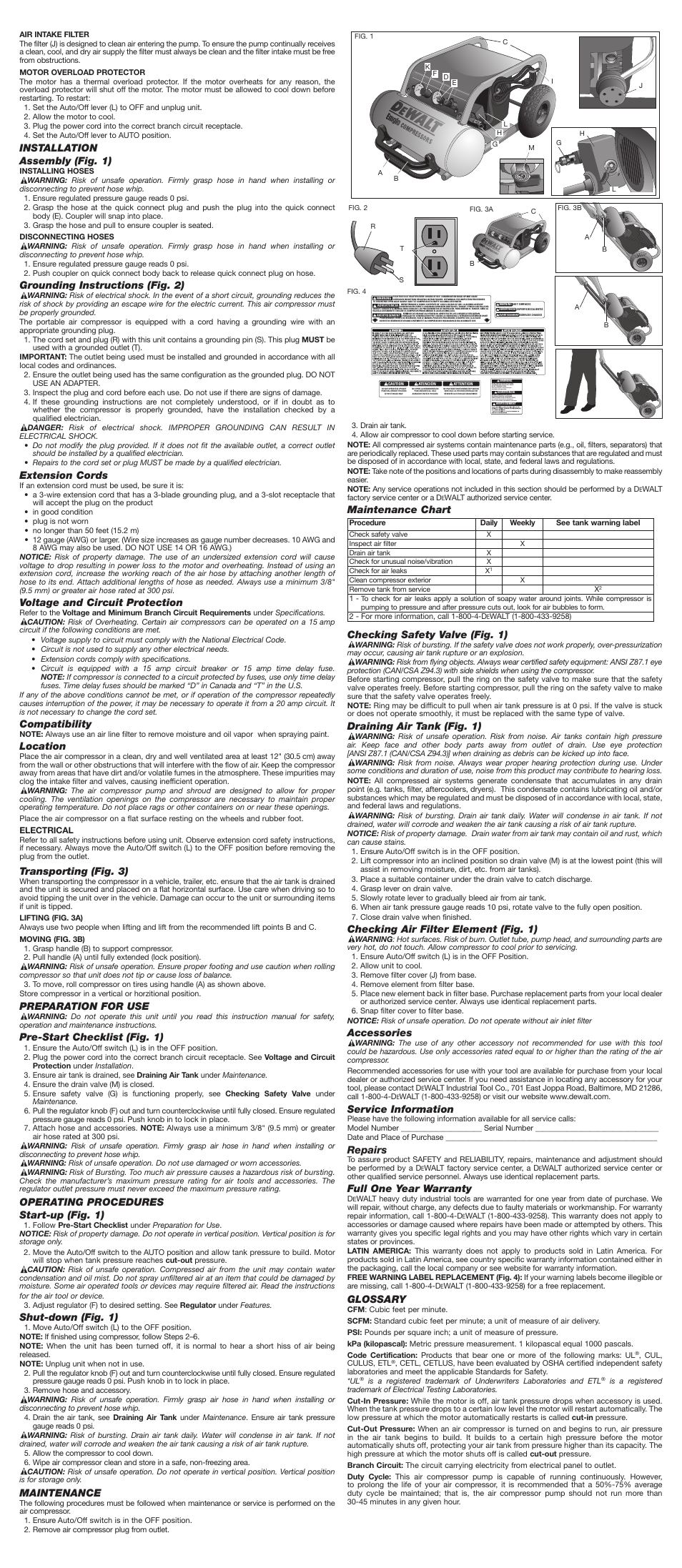 Installation assembly (fig. 1), Grounding instructions (fig. 2), Extension cords | Voltage and circuit protection, Compatibility, Location, Transporting (fig. 3), Preparation for use, Pre-start checklist (fig. 1), Operating procedures start-up (fig. 1) | DeWalt OIL FREE PORTABLE AIR COMPRESSOR D55146 User Manual | Page 2 / 7