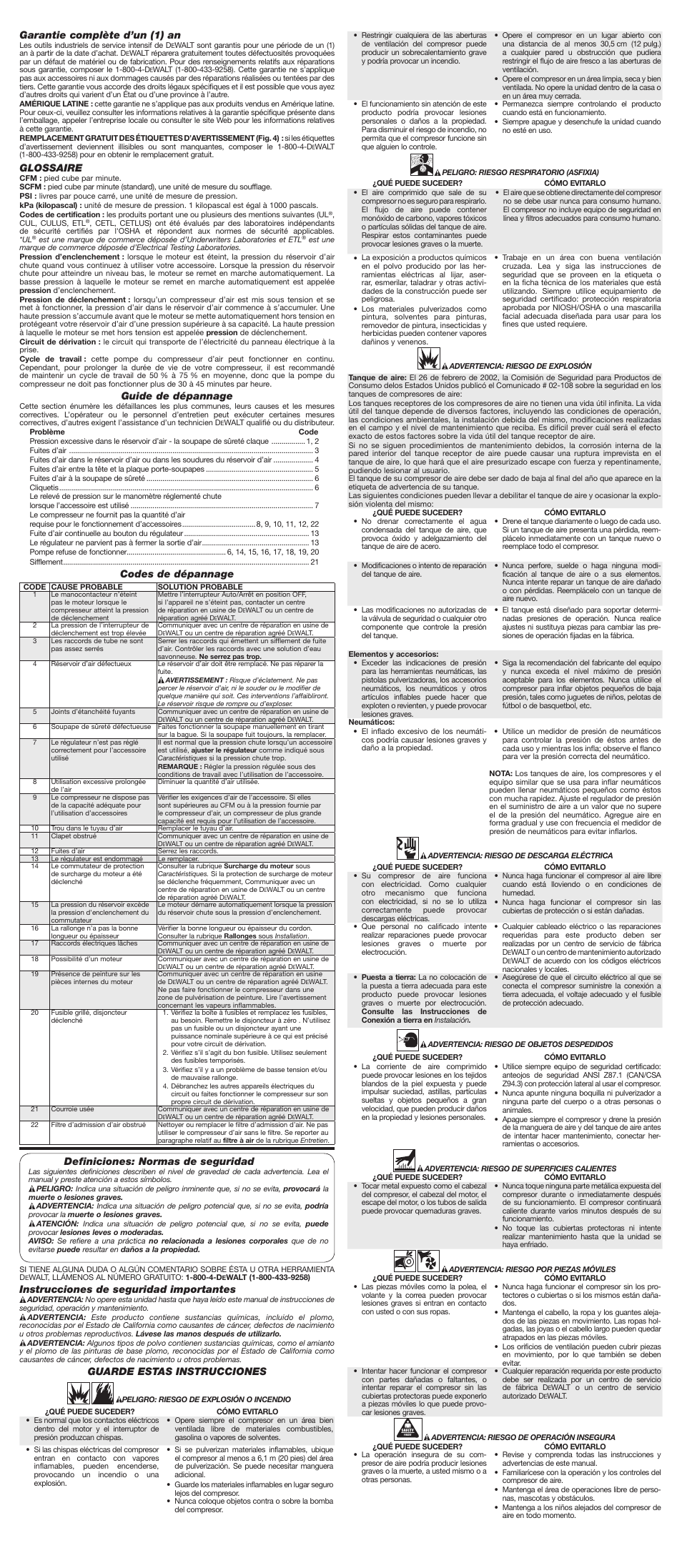 Garantie complète d’un (1) an, Glossaire, Guide de dépannage | Codes de dépannage, Definiciones: normas de seguridad, Instrucciones de seguridad importantes, Guarde estas instrucciones | DeWalt OIL FREE PORTABLE AIR COMPRESSOR D55146 User Manual | Page 5 / 7