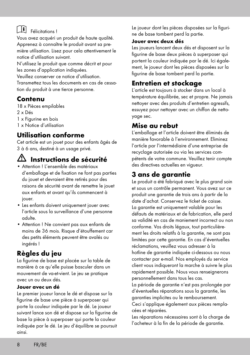 Contenu, Utilisation conforme, Instructions de sécurité | Règles du jeu, Entretien et stockage, Mise au rebut, 3 ans de garantie | Playtive BALANCE GAME User Manual | Page 8 / 16