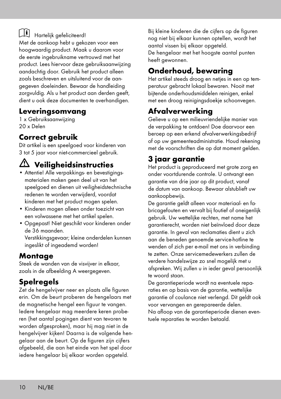 Leveringsomvang, Correct gebruik, Veiligheidsinstructies | Montage, Spelregels, Onderhoud, bewaring, Afvalverwerking, 3 jaar garantie | Playtive FISHING GAME User Manual | Page 10 / 16