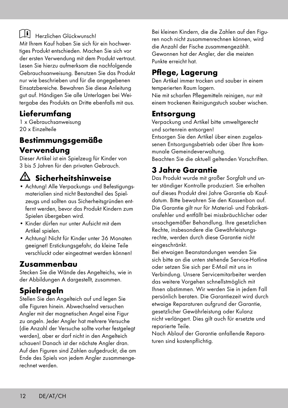 Lieferumfang, Bestimmungsgemäße verwendung, Sicherheitshinweise | Zusammenbau, Spielregeln, Pflege, lagerung, Entsorgung, 3 jahre garantie | Playtive FISHING GAME User Manual | Page 12 / 16