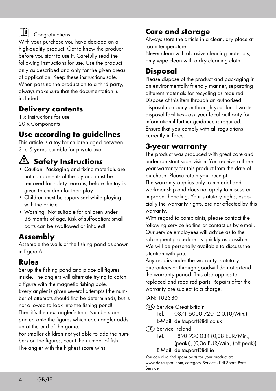 Delivery contents, Use according to guidelines, Safety instructions | Assembly, Rules, Care and storage, Disposal, Year warranty | Playtive FISHING GAME User Manual | Page 4 / 16