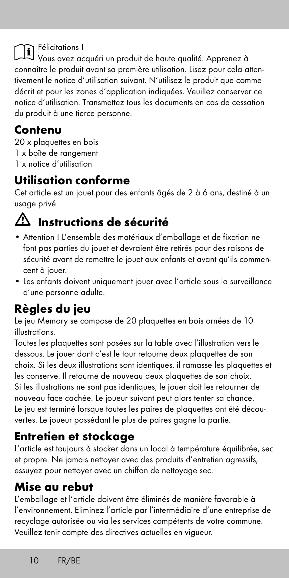 Contenu, Utilisation conforme, Instructions de sécurité | Règles du jeu, Entretien et stockage, Mise au rebut | Playtive MEMORY GAME User Manual | Page 10 / 16