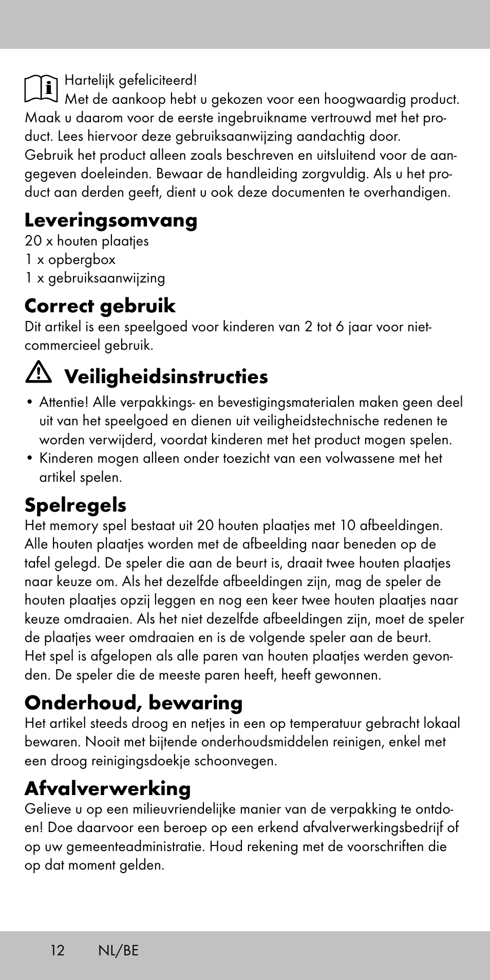 Leveringsomvang, Correct gebruik, Veiligheidsinstructies | Spelregels, Onderhoud, bewaring, Afvalverwerking | Playtive MEMORY GAME User Manual | Page 12 / 16