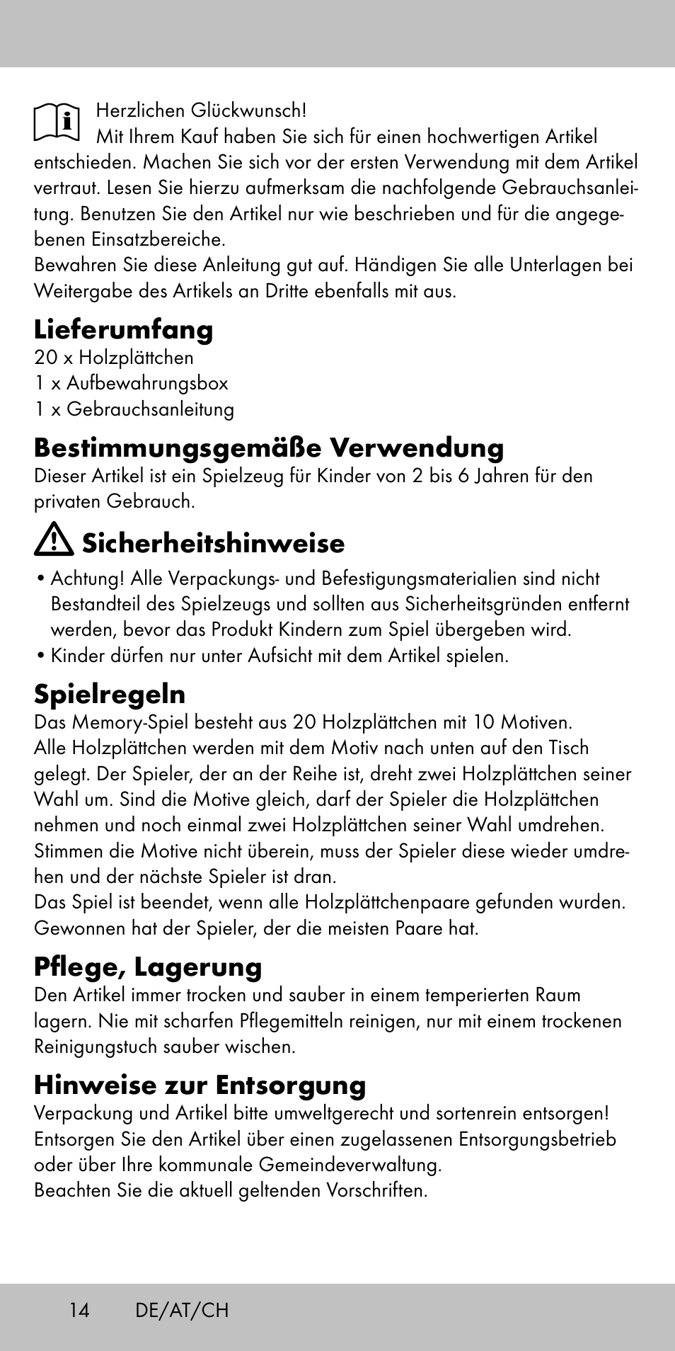 Lieferumfang, Bestimmungsgemäße verwendung, Sicherheitshinweise | Spielregeln, Pflege, lagerung, Hinweise zur entsorgung | Playtive MEMORY GAME User Manual | Page 14 / 16