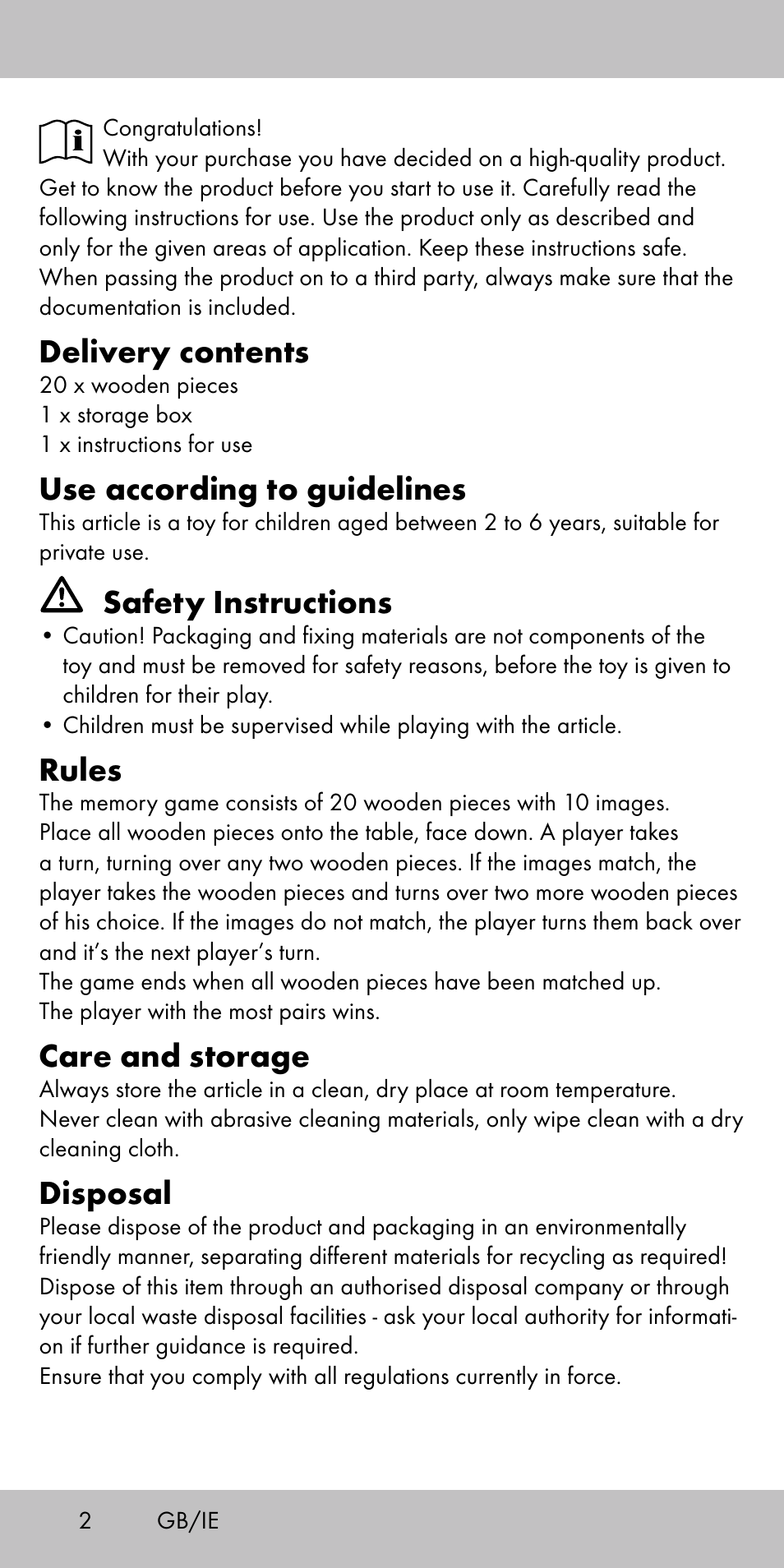 Delivery contents, Use according to guidelines, Safety instructions | Rules, Care and storage, Disposal | Playtive MEMORY GAME User Manual | Page 2 / 16