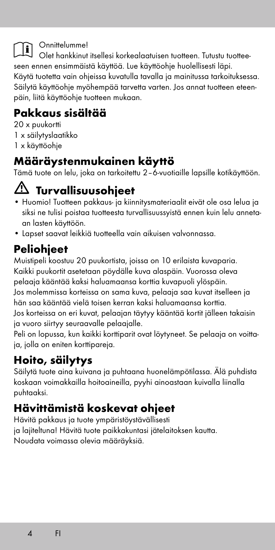 Pakkaus sisältää, Määräystenmukainen käyttö, Turvallisuusohjeet | Peliohjeet, Hoito, säilytys, Hävittämistä koskevat ohjeet | Playtive MEMORY GAME User Manual | Page 4 / 16