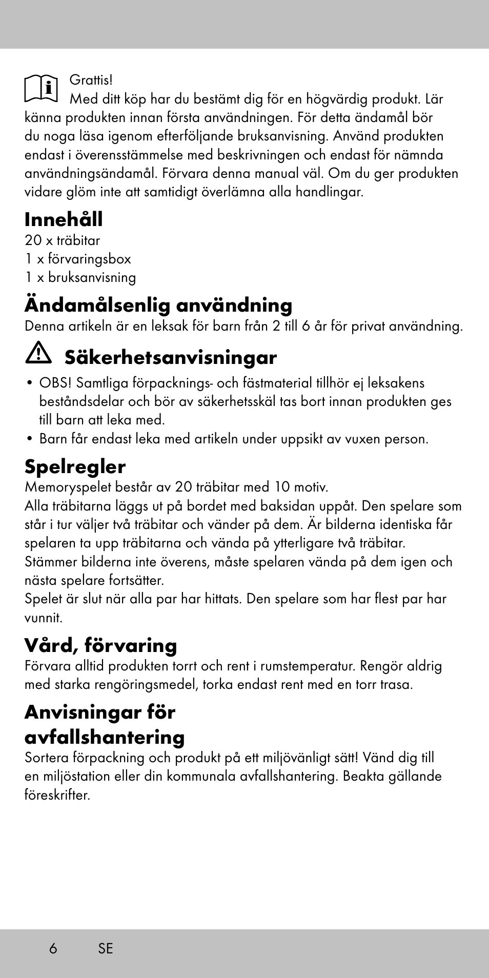 Innehåll, Ändamålsenlig användning, Säkerhetsanvisningar | Spelregler, Vård, förvaring, Anvisningar för avfallshantering | Playtive MEMORY GAME User Manual | Page 6 / 16