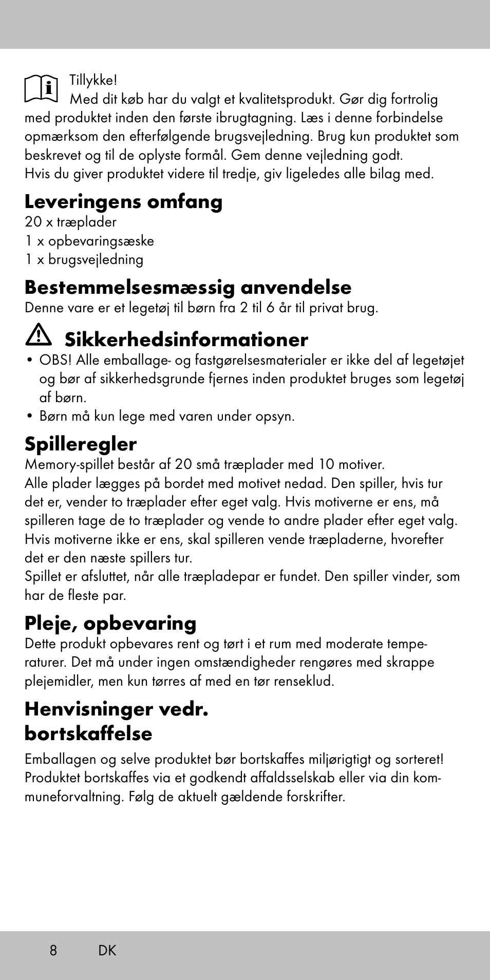 Leveringens omfang, Bestemmelsesmæssig anvendelse, Sikkerhedsinformationer | Spilleregler, Pleje, opbevaring, Henvisninger vedr. bortskaffelse | Playtive MEMORY GAME User Manual | Page 8 / 16