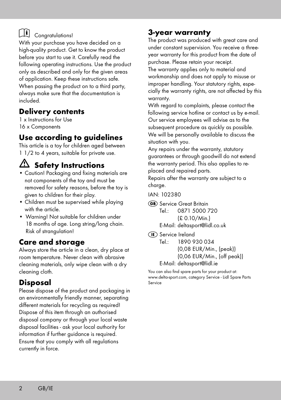 Delivery contents, Use according to guidelines, Safety instructions | Care and storage, Disposal, Year warranty | Playtive THREADING TOY User Manual | Page 2 / 12