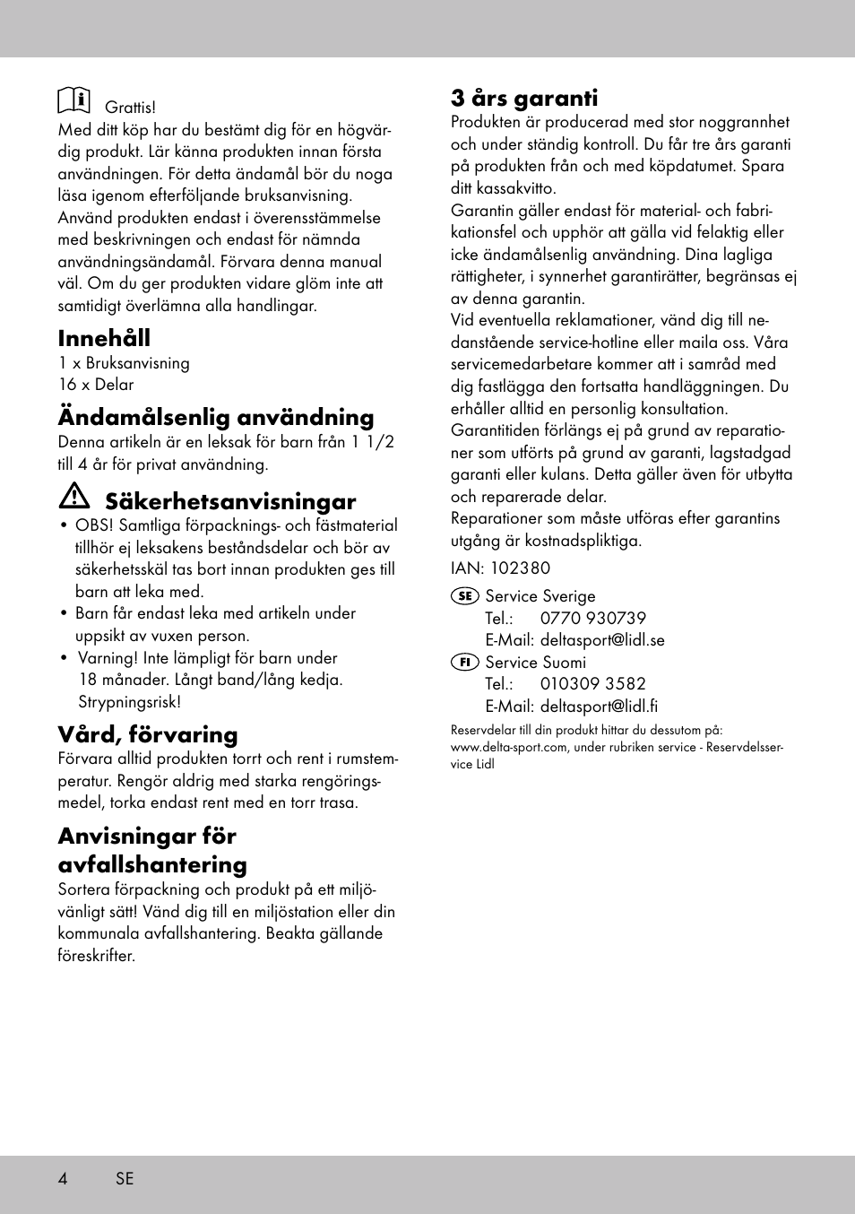 Innehåll, Ändamålsenlig användning, Säkerhetsanvisningar | Vård, förvaring, Anvisningar för avfallshantering, 3 års garanti | Playtive THREADING TOY User Manual | Page 4 / 12