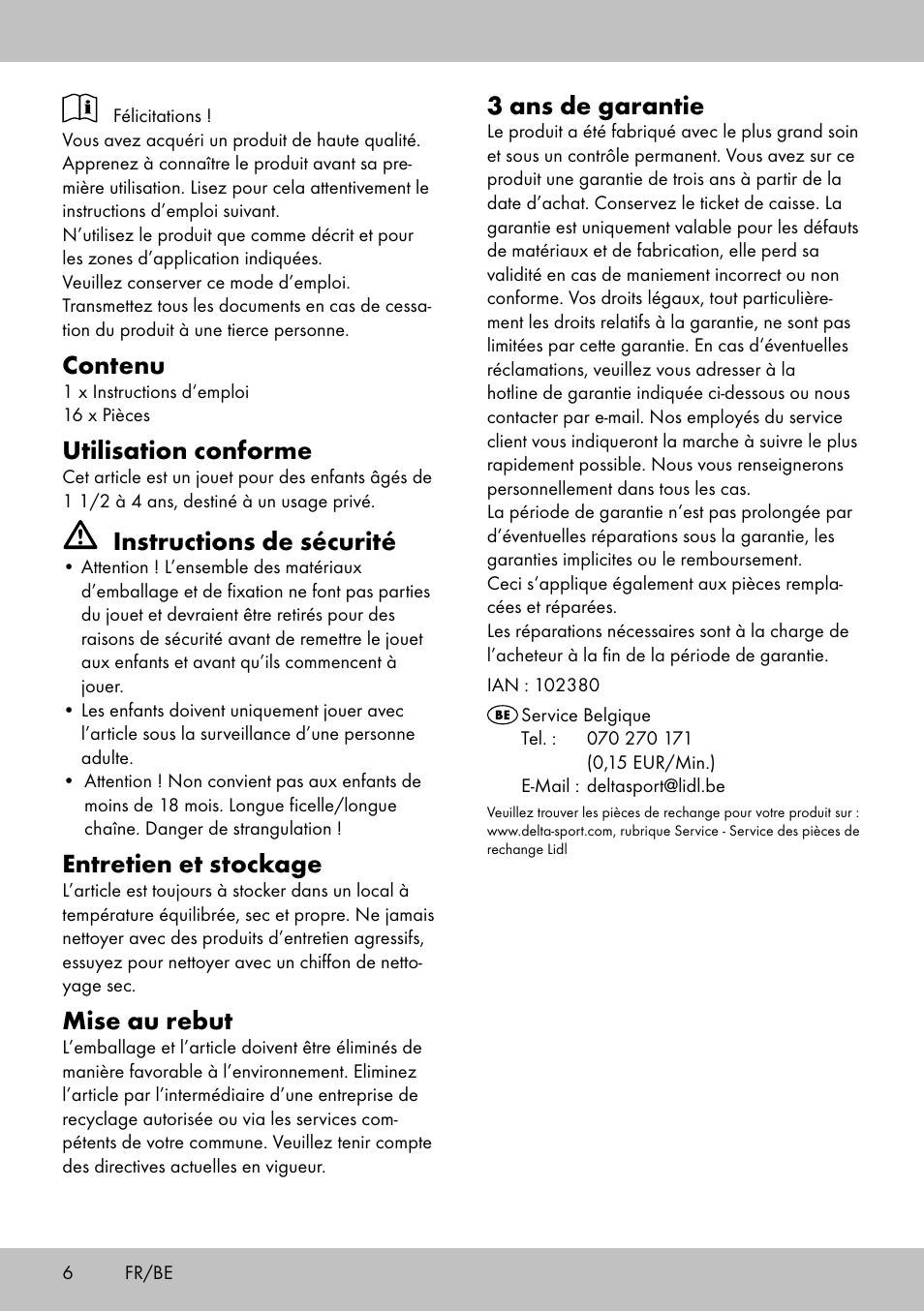 Contenu, Utilisation conforme, Instructions de sécurité | Entretien et stockage, Mise au rebut, 3 ans de garantie | Playtive THREADING TOY User Manual | Page 6 / 12