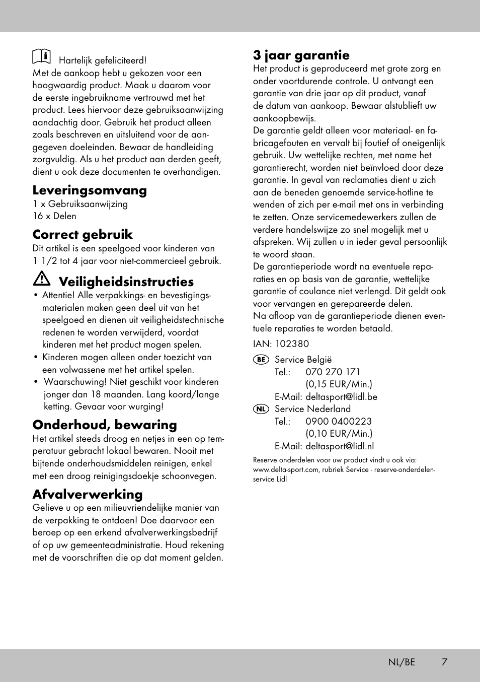 Leveringsomvang, Correct gebruik, Veiligheidsinstructies | Onderhoud, bewaring, Afvalverwerking, 3 jaar garantie | Playtive THREADING TOY User Manual | Page 7 / 12