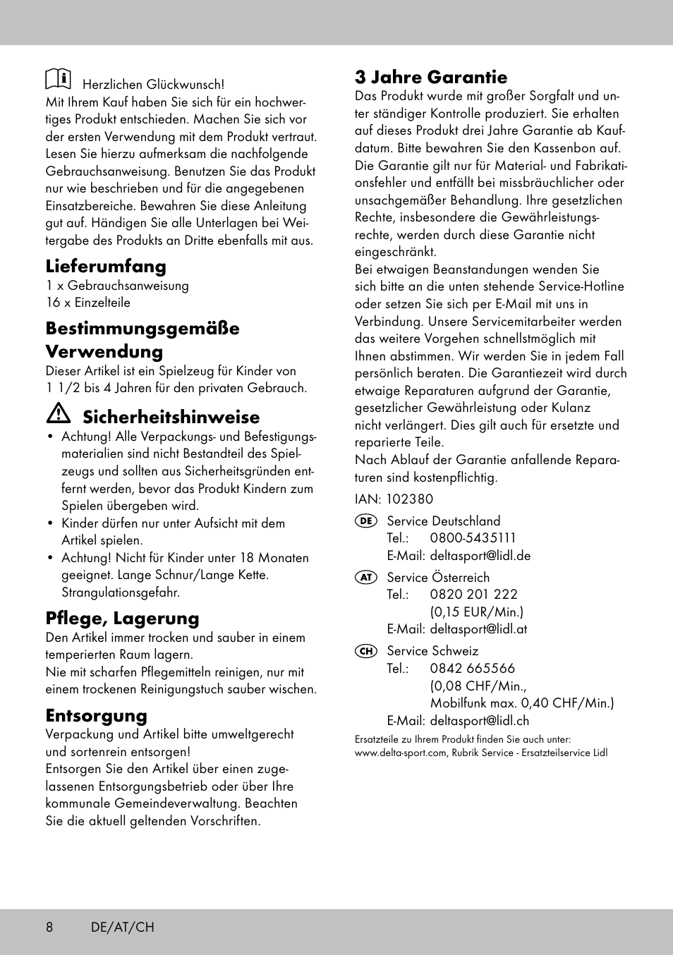 Lieferumfang, Bestimmungsgemäße verwendung, Sicherheitshinweise | Pflege, lagerung, Entsorgung, 3 jahre garantie | Playtive THREADING TOY User Manual | Page 8 / 12