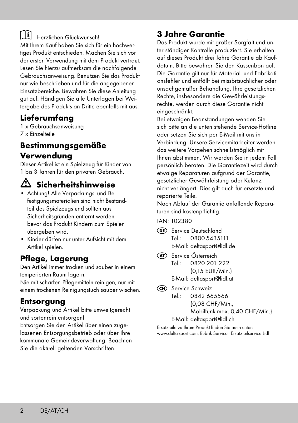 Lieferumfang, Bestimmungsgemäße verwendung, Sicherheitshinweise | Pflege, lagerung, Entsorgung, 3 jahre garantie | Playtive ANIMAL PUZZLE User Manual | Page 2 / 8