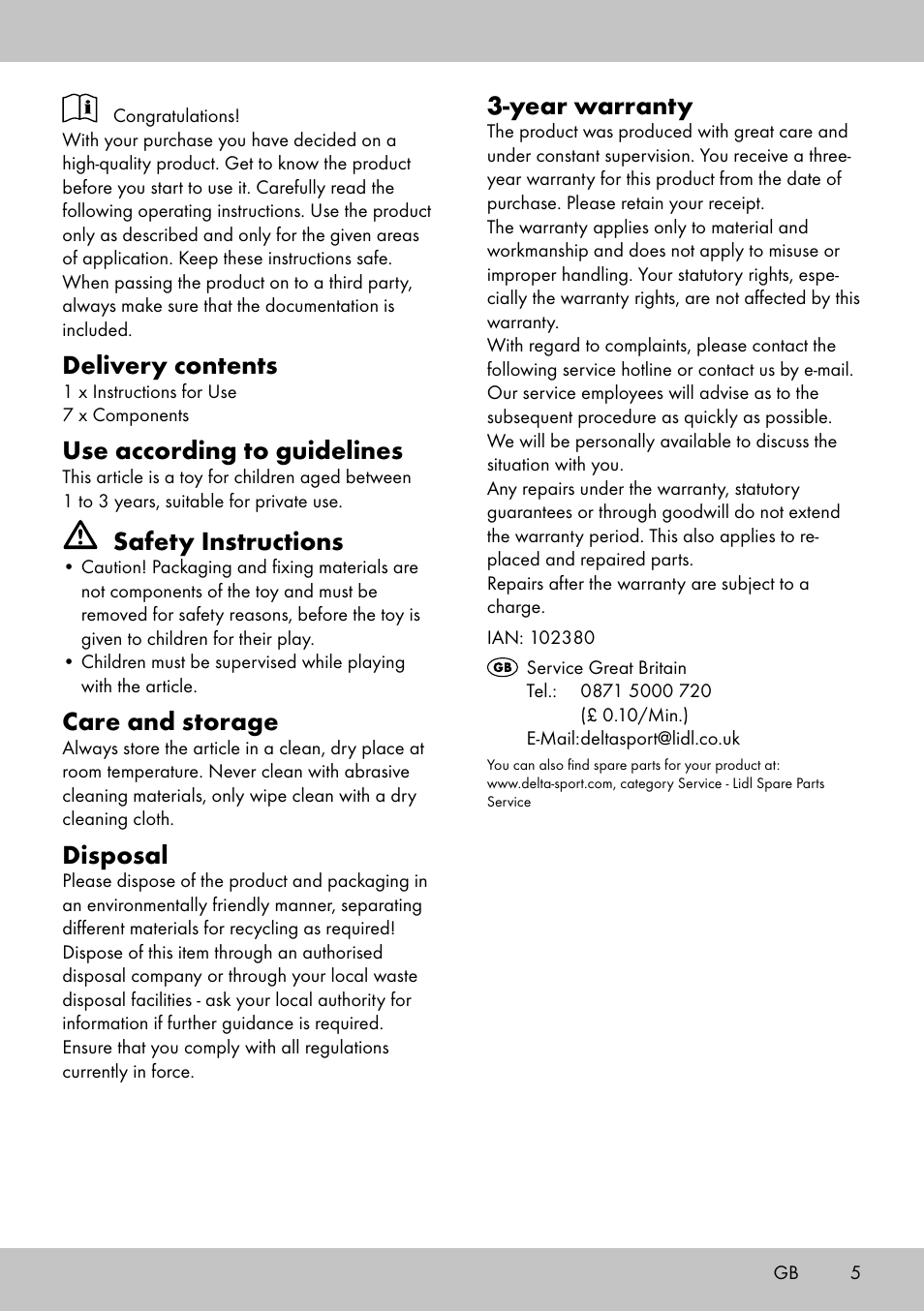 Delivery contents, Use according to guidelines, Safety instructions | Care and storage, Disposal, Year warranty | Playtive ANIMAL PUZZLE User Manual | Page 5 / 8