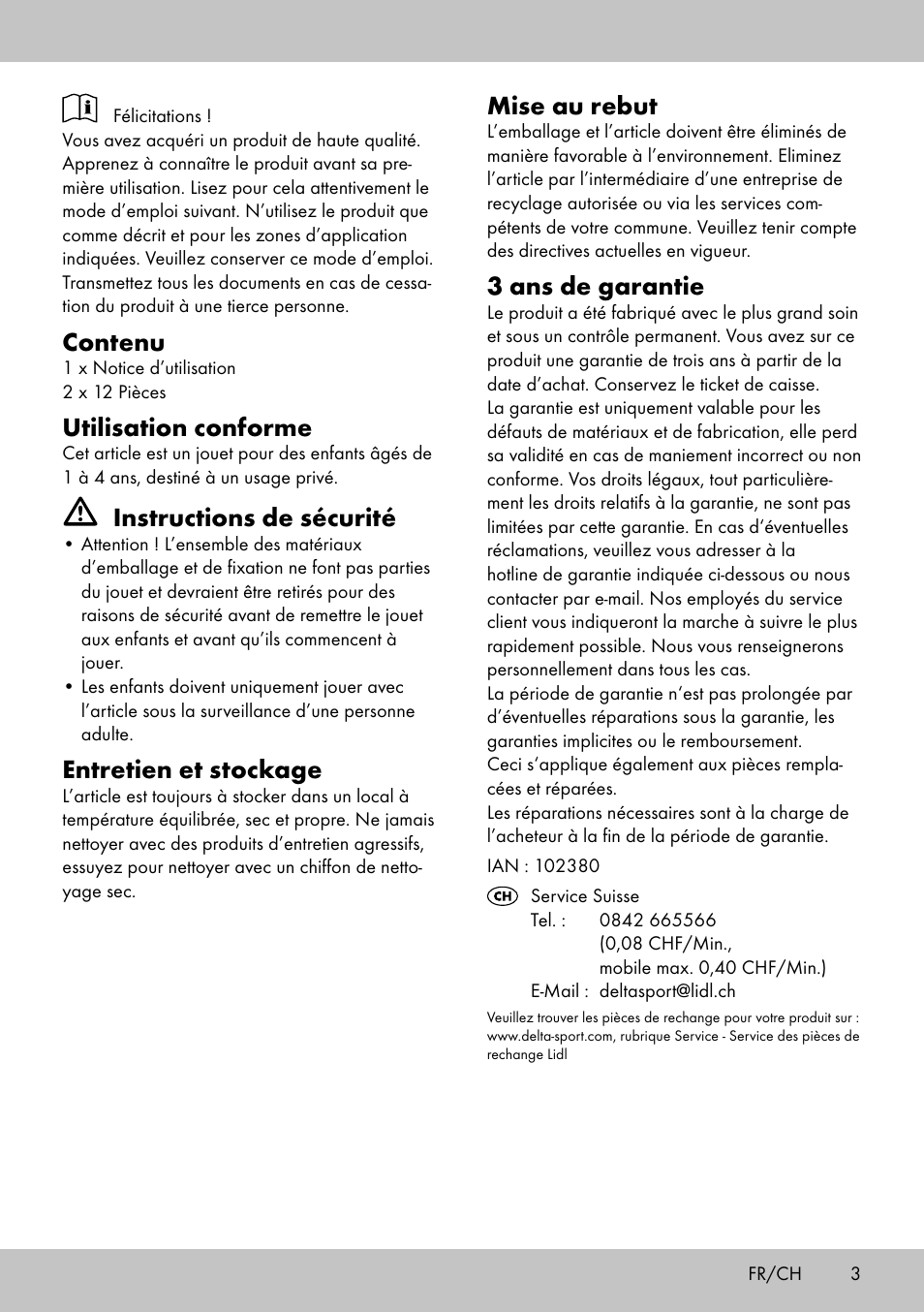 Contenu, Utilisation conforme, Instructions de sécurité | Entretien et stockage, Mise au rebut, 3 ans de garantie | Playtive KIDS‘ PUZZLES User Manual | Page 3 / 8