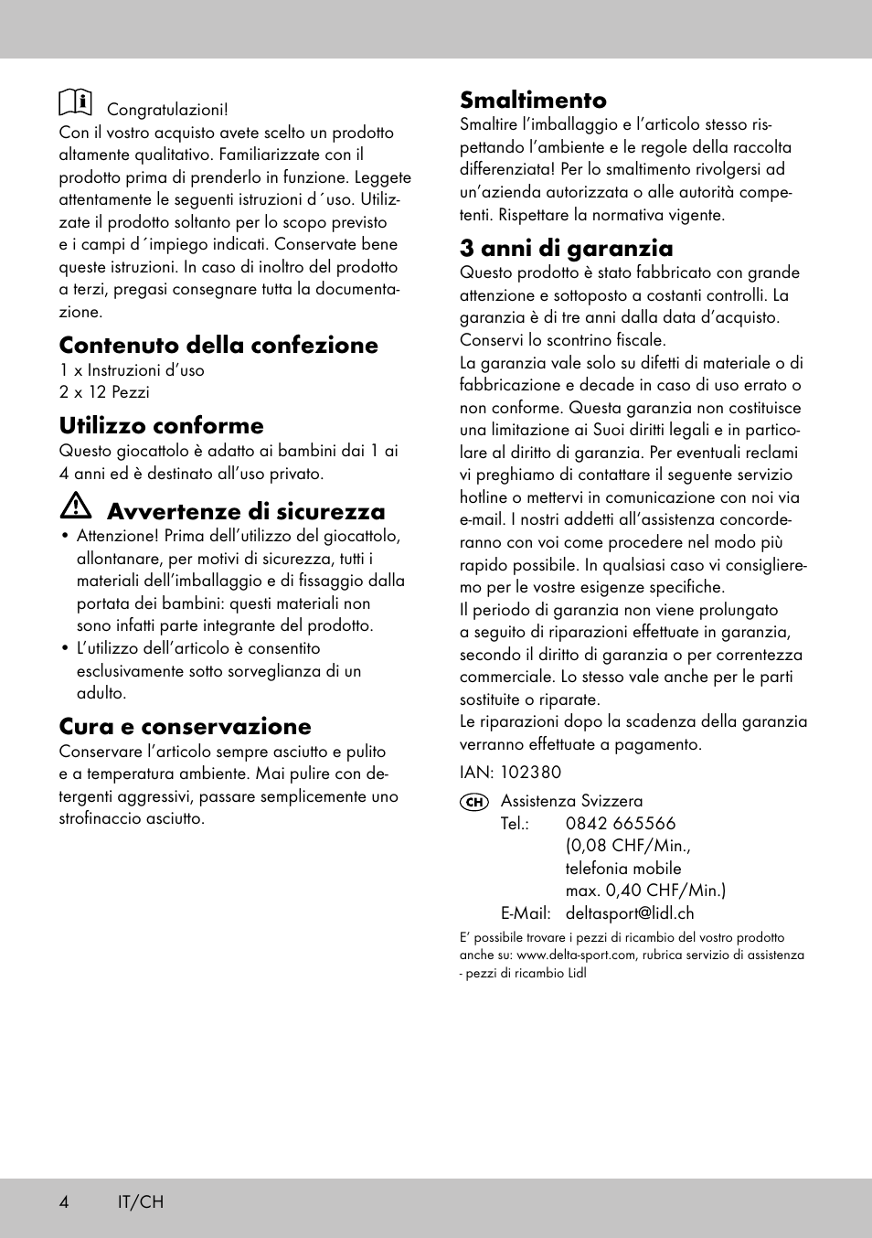 Contenuto della confezione, Utilizzo conforme, Avvertenze di sicurezza | Cura e conservazione, Smaltimento, 3 anni di garanzia | Playtive KIDS‘ PUZZLES User Manual | Page 4 / 8