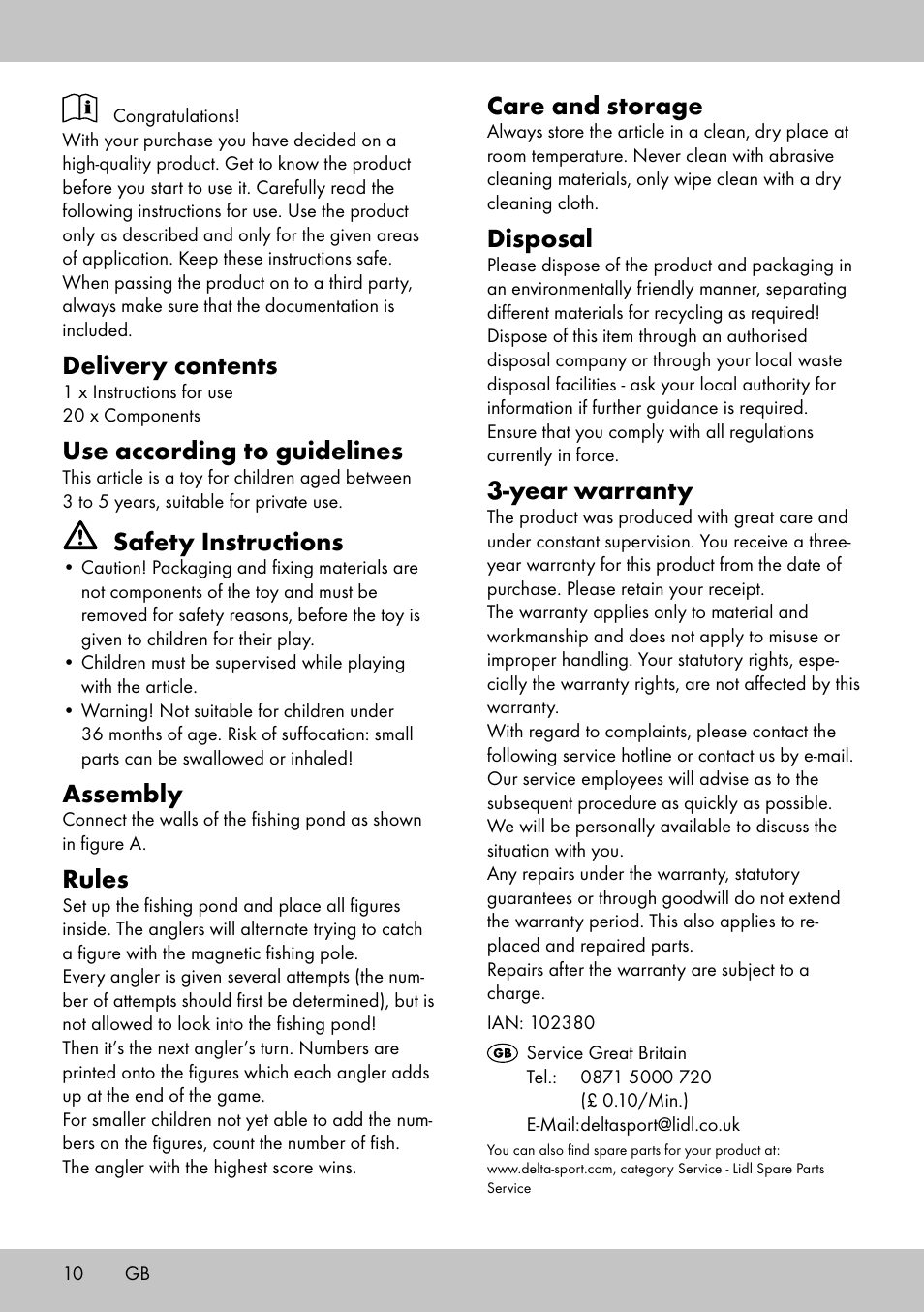 Delivery contents, Use according to guidelines, Safety instructions | Assembly, Rules, Care and storage, Disposal, Year warranty | Playtive FISHING GAME User Manual | Page 10 / 12