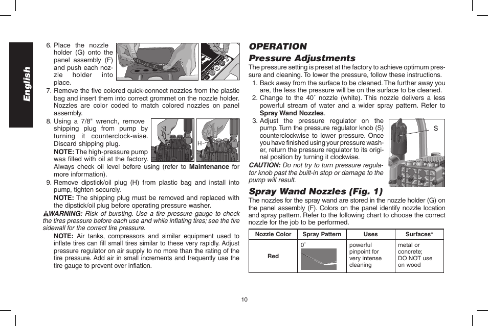 English, Operation pressure adjustments, Spray wand nozzles (fig. 1) | DeWalt DP3900 User Manual | Page 10 / 64