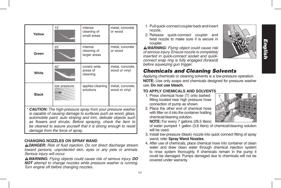 English, Chemicals and cleaning solvents | DeWalt DP3900 User Manual | Page 11 / 64