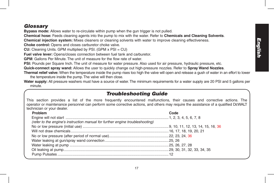 English troubleshooting guide, Glossary | DeWalt DP3900 User Manual | Page 17 / 64