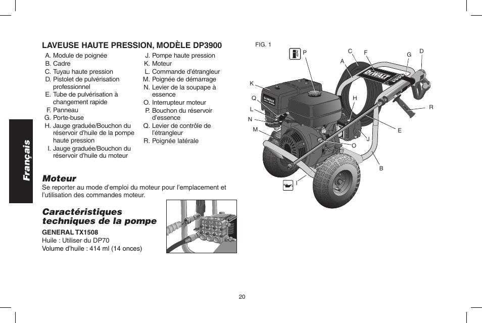 Français caractéristiques techniques de la pompe, Moteur, Laveuse haute pression, modèle dp3900 | DeWalt DP3900 User Manual | Page 20 / 64