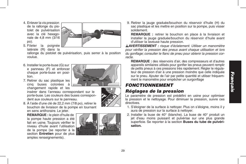 Français, Fonctionnement réglages de la pression | DeWalt DP3900 User Manual | Page 29 / 64