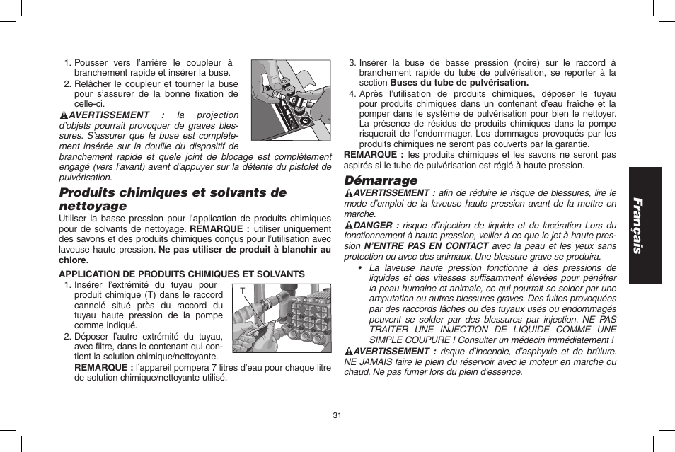 Français, Produits chimiques et solvants de nettoyage, Démarrage | DeWalt DP3900 User Manual | Page 31 / 64