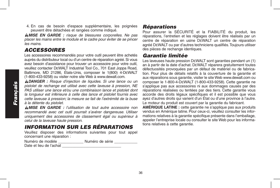 Français, Accessoires, Information sur les réparations | Réparations, Garantie limitée | DeWalt DP3900 User Manual | Page 36 / 64