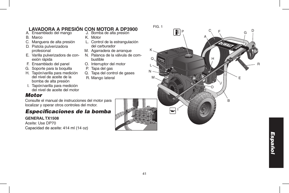 Español motor, Especifi caciones de la bomba, Lavadora a presión con motor a dp3900 | DeWalt DP3900 User Manual | Page 41 / 64