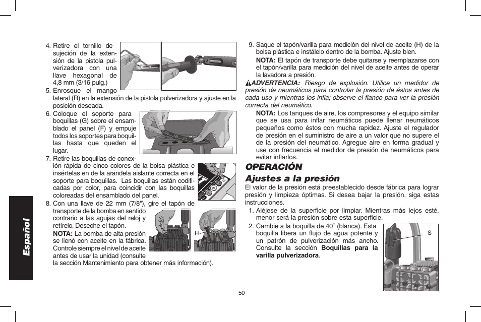 Español, Operación ajustes a la presión | DeWalt DP3900 User Manual | Page 50 / 64
