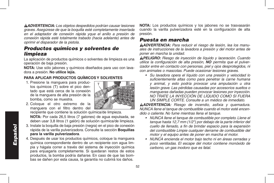 Español, Productos químicos y solventes de limpieza, Puesta en marcha | DeWalt DP3900 User Manual | Page 52 / 64
