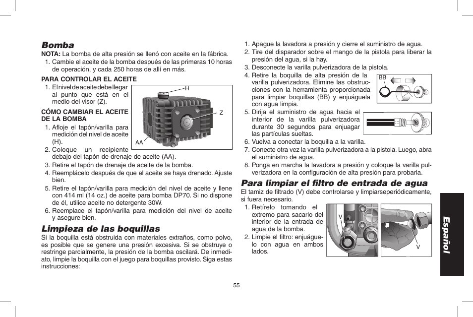 Español bomba, Limpieza de las boquillas, Para limpiar el fi ltro de entrada de agua | DeWalt DP3900 User Manual | Page 55 / 64
