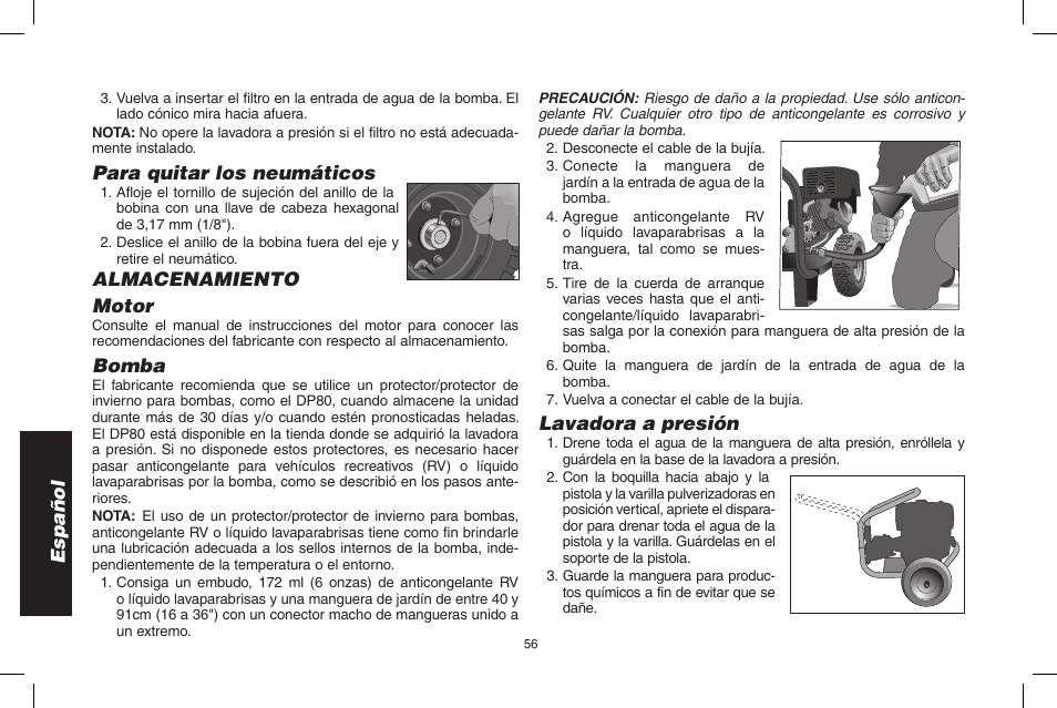 Español, Para quitar los neumáticos, Almacenamiento motor | Bomba, Lavadora a presión | DeWalt DP3900 User Manual | Page 56 / 64
