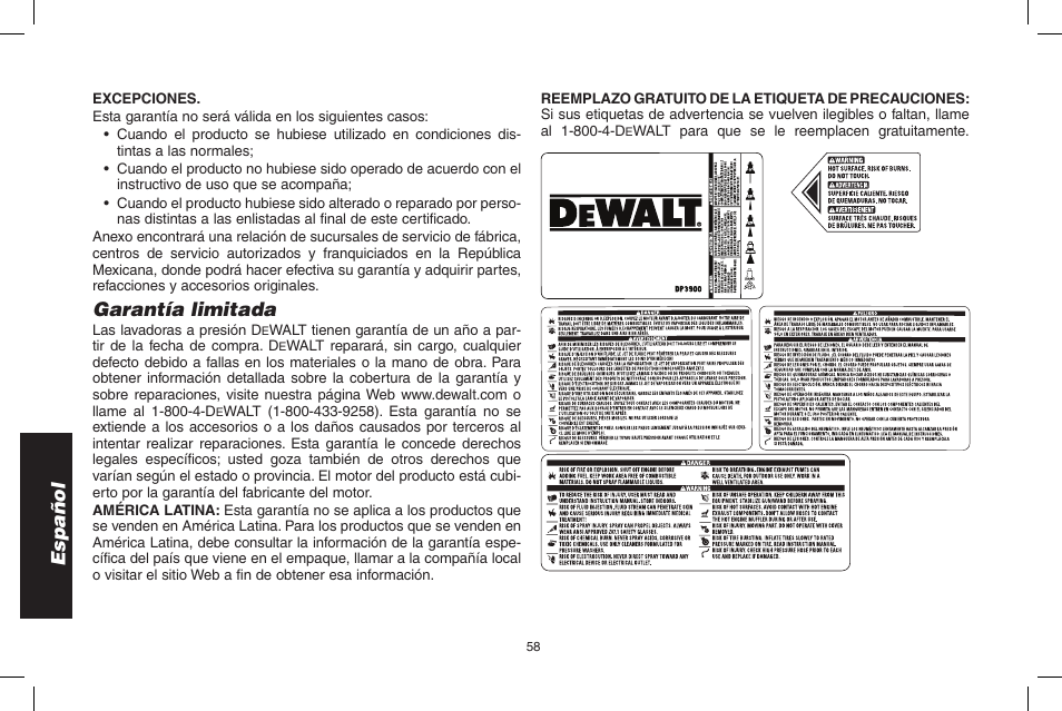 Español, Garantía limitada | DeWalt DP3900 User Manual | Page 58 / 64