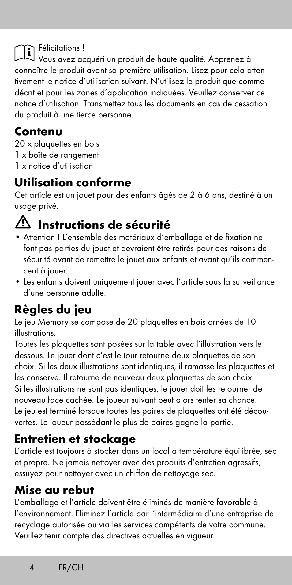 Contenu, Utilisation conforme, Instructions de sécurité | Règles du jeu, Entretien et stockage, Mise au rebut | Playtive MEMORY GAME User Manual | Page 4 / 12